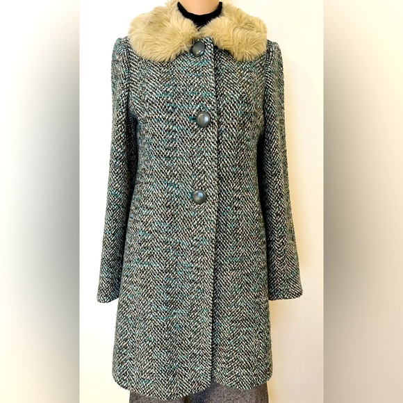 Ann Taylor Loft-Vintage, Teal, Wool Blend, Faux Fur Collar, Long